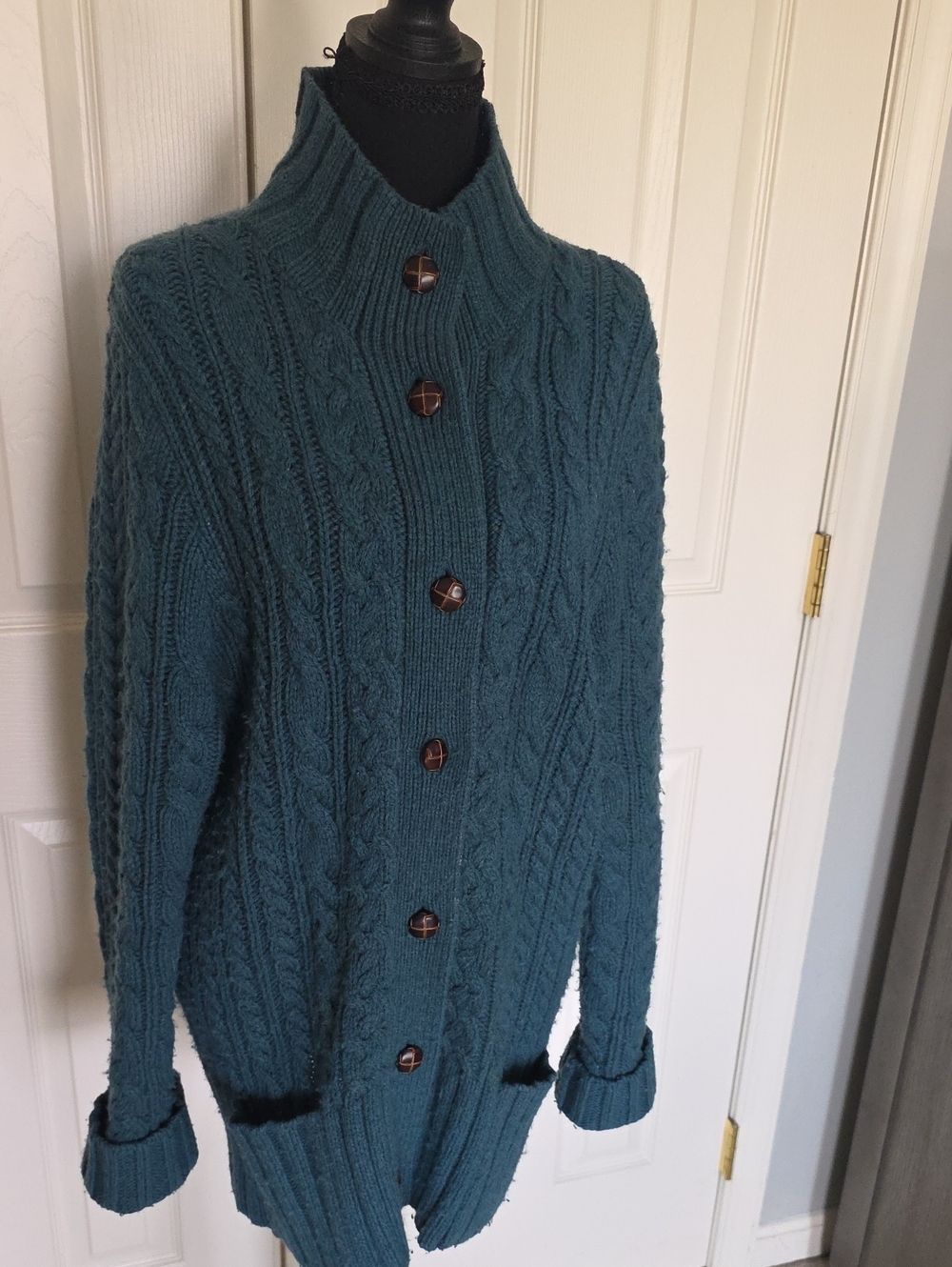 Duluth Trading Co Teal Cable Knit Button-Up Wool/cashmere Cardigan XL